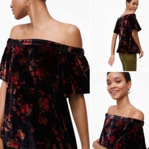 Large Petite Black Floral Velvet Shirt Off  Shoulder…
